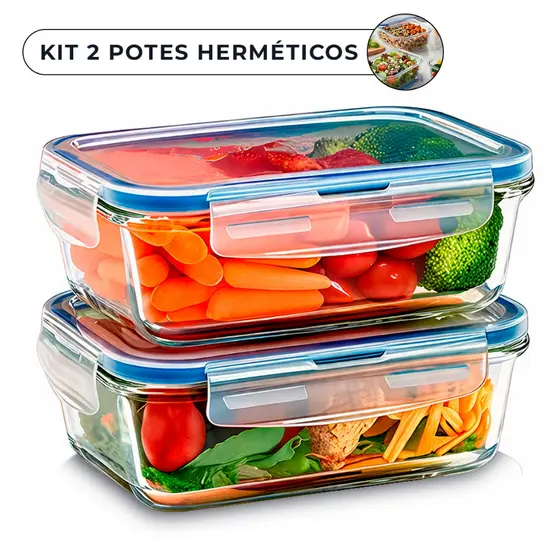 Conjunto 2 Potes Vidro Hermético Mantimentos Marmita 640ml Borossilicato 4 Travas Microondas Freezer
