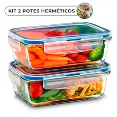 Conjunto 2 Potes Vidro Hermético Mantimentos Marmita 640ml Borossilicato 4 Travas Microondas Freezer