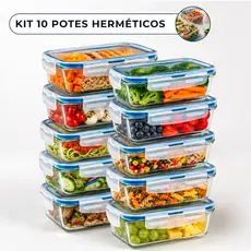 Kit 10 ou 5 Pote Vidro 640ml e 1040ml Hermético Retangular 4 Travas Marmita Microondas Borossilicato