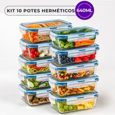 Kit 10 Pote Vidro 640ml Hermético Retangular 4 Travas Marmita Microondas Borossilicato