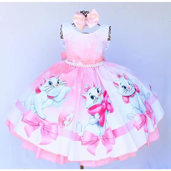 Vestido Festa Infantil  Gatinha Marie Rosa  Com Tiara.
