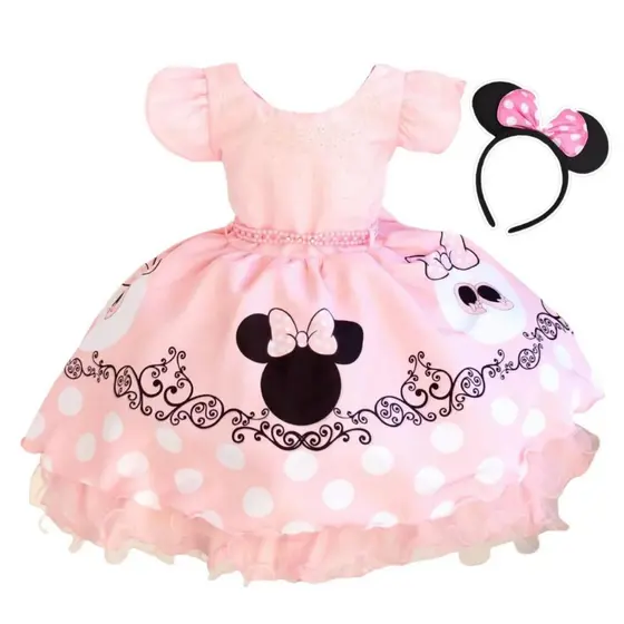 Vestido Festa Aniversario Minnie Com Tiara De Orelha.