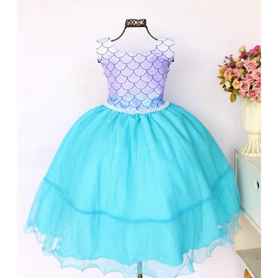Vestido Infantil Sereia Escama Festa Aniversário Tematico Com Coroa