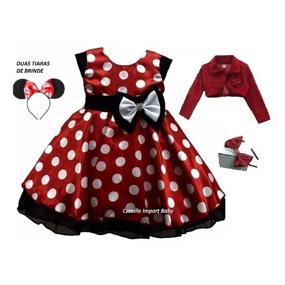 Vestido Infantil Minnie Vermelha Festa Tema Aniversario Com Duas Tiaras E Bolero