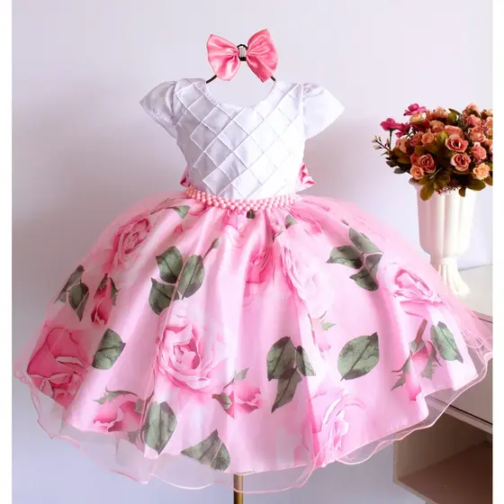 Vestido Infantil Floral Encantado Festa Casamento Daminha Com Tiara