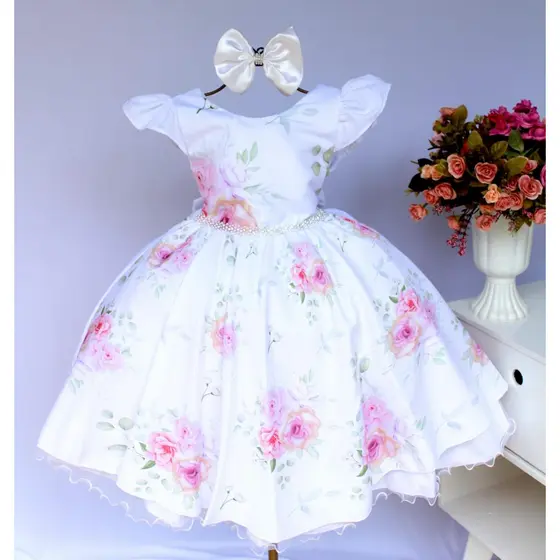 Vestido Infantil Branco Floral Daminha Batizado Festa Florista Com Tiara