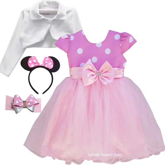 Vestido Infantil Menina Minnie Rosa Tema Festa Com Bolero E Tiara