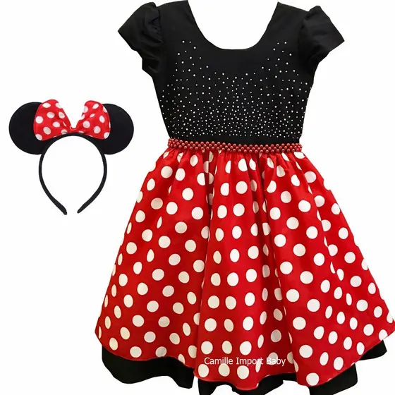 Vestido Infantil Minnie Vermelha Festa Aniversario Tematico Com Tiara