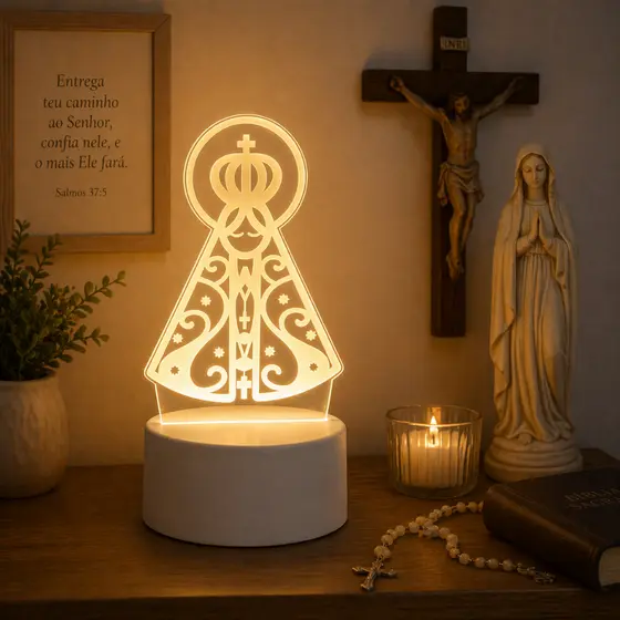 Luminária Abajur 3D Led Acrílico De Mesa Criativo Tomada Branco Luz Noturno 3D Santinha Coração