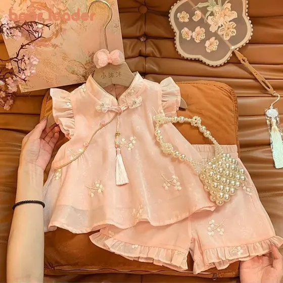 Líder Do Urso Summer Chinese Style Girls Suit Pink Flower Bordado Com Mosca De + Shorts Conjunto De Duas Peças Sweet Tas
