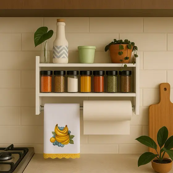 Nicho Porta Temperos de Parede com Suporte para Papel Toalha e Pano de Prato – MDF Branco 15MM