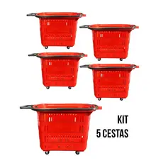 Kit 5 Cestas cestinhas plástica com rodinha rodízio com alça e puxador 30 L resistente azul, preta e vermelha