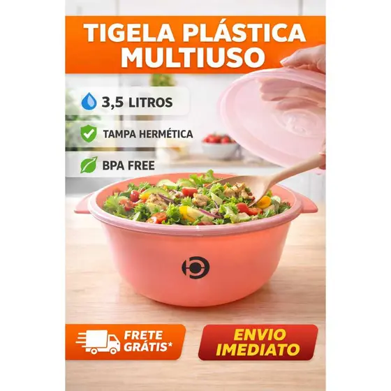 Tigela Plástica Multiuso Rosa 3,5 Litros com Tampa Hermética BPA Free –Saladeira, Alimentos