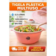 Tigela Plástica Multiuso Rosa 3,5 Litros com Tampa Hermética BPA Free –Saladeira, Alimentos