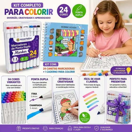 Kit Completo Colorir Infantil 24 Canetas Marker + Caderno Desenho | Presente Criativo