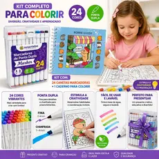Kit Completo Colorir Infantil 24 Canetas Marker + Caderno Desenho | Presente Criativo