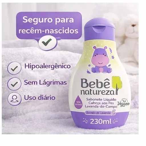 Sabonete Líquido Bebê Natureza 230ml Vegano Lavanda Sem Lágrimas Hipoalergênico Sem Sal Infantil