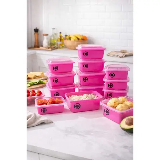 Kit 10 Potes Plástico Rosa com Tampa–4x 200ml | 6x 750ml–Potes Organizadores de Alimentos–Marmita Freezer Geladeira