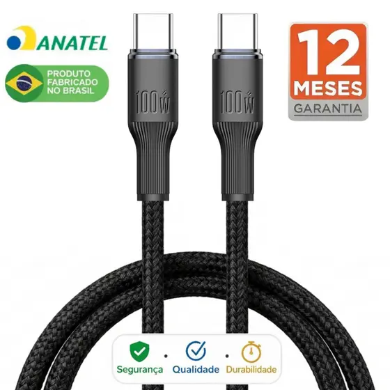 Cabo Carregador Turbo Duplo Tipo-C para Usb-C 100w Nylon Reforçado Carregamento Rápido