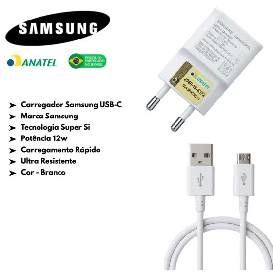 Carregador Samsung Galaxy  A03 A02 A01 A10 A10s J2 J4 J5 J7 Original