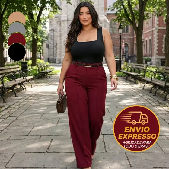 Calça Pantalona Plus Size Com Cinto Feminina Wide Leg Elástico Com Bolso Cintura Alta Elegante