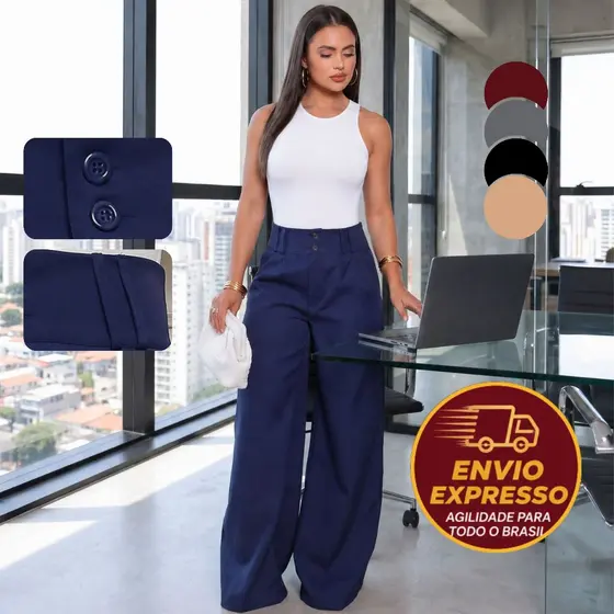 Calça Pantalona Alfaiataria Social Feminina Cintura Alta