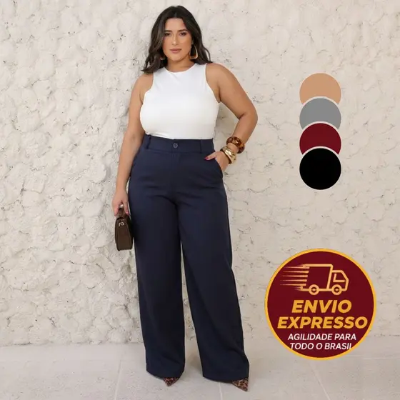 Calça Pantalona Plus Size Alfaiataria Femino Premium Wid e Leg Elegante