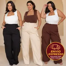 Calça Cargo Plus Size Feminina Wide Leg Com Bolsos reais Cintura Alta Elegante Calsa Calça Social