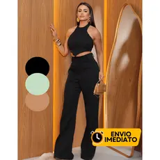 Conjunto em Alfaiataria Feminino Calça Pantalona Social Com Cropped Costas nua Elegante