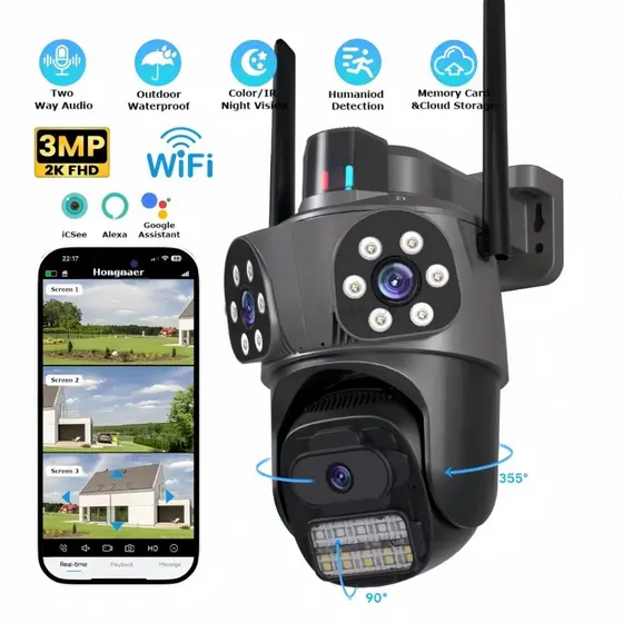 Câmera WiFi PTZ Externa 8MP com 3 Câmeras Rede Sem Fio ou Cabo e Rastreamento Inteligente