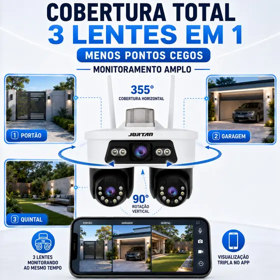 Câmera WiFi PTZ Externa 6MP com 3 Câmeras Visão Noturna Colorida e Controle pelo Celular