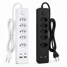 Filtro de Linha 5 Tomadas 2 USB 2 Type-C Extensão Elétrica 2500W Cabo 2 Metros