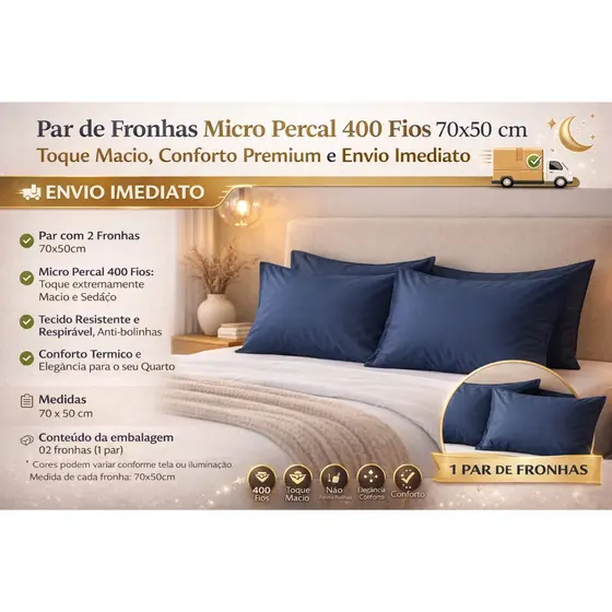 Duas Fronhas Micro Percal 400 Fios 70x50 cm – Toque Macio, Conforto Premium e Envio Imediato