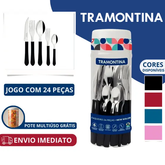 Jogo De Talheres Faqueiro Tramontina 24 Peças Aço Inox - New Kolor