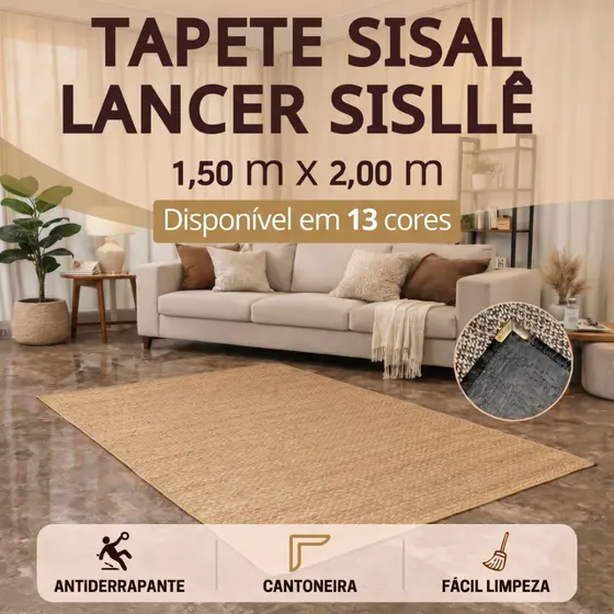 Tapete Sisal 150x200 cm Lancer Sisllê Antiderrapante Cantoneira Aço Cromado Sala Quarto