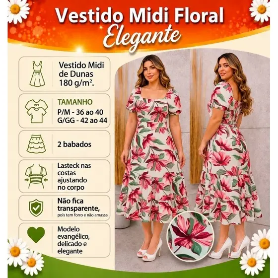 Vestido Midi Luxo Elegante Leve Estampado Floral Casual Igreja Versátil