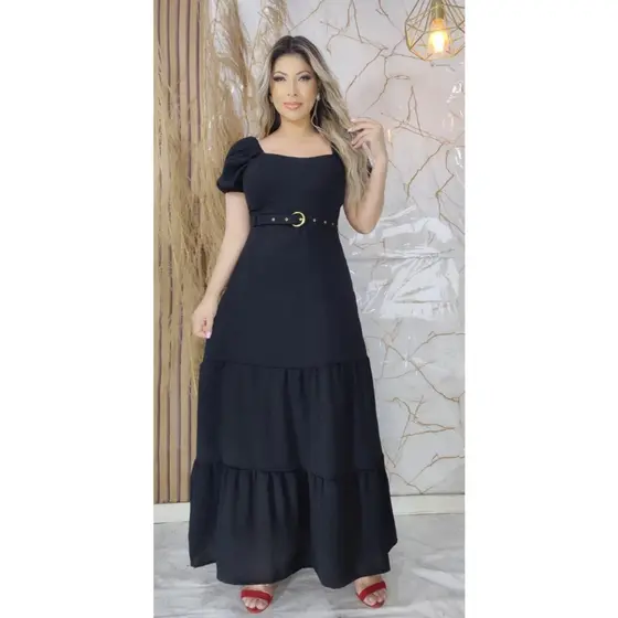Vestido Longo manga casual Festa Forrado com cinto Confortável Versátil