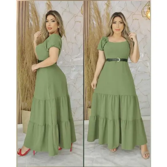 Vestido Longo manga casual Festa Forrado com cinto Confortável Versátil