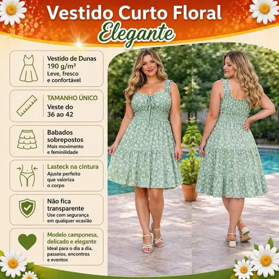 Vestido Curto Feminino Luxo Alcinha Elegante Leve Estampado Floral Casual Igreja Evento