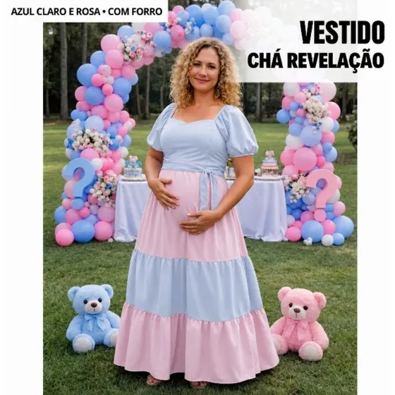 Vestido longo Grávida Chá Revelação Bicolor Azul Rosa Manga Bufante Fita