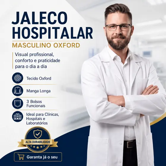 Jaleco Hospitalar Masculino Premium Oxford Manga Longa Branco Médico Enfermeiro Veterinário