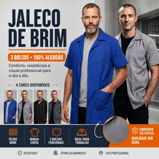 Jaleco de Brim Camisa 3 Bolsos Técnicos Profissional Operacional Oficina Mecânica Serviços Gerais
