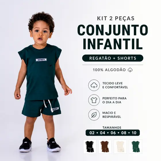 kit 2 peças Conjunto Infantil Regatão Machão e shorts Infinity Rubber White 100% Algodão