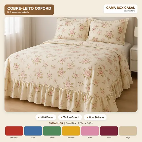 Colcha Casal 3 Peças Oxford Floral com Babado Cama Box 2,50x2,60 Conjunto Decorativo