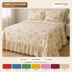 Colcha Casal 3 Peças Oxford Floral com Babado Cama Box 2,50x2,60 Conjunto Decorativo