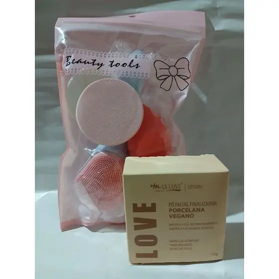 Kit Pó Facial Finalizador Max Love Porcelana + Esponjas de Maquiagem e Limpeza Facial Beauty Tools