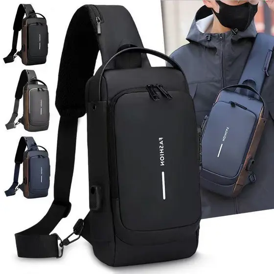 Bolsa Transversal Masculina Impermeável Antifurto Bolsa de Peito Para Moto Cadeado USB