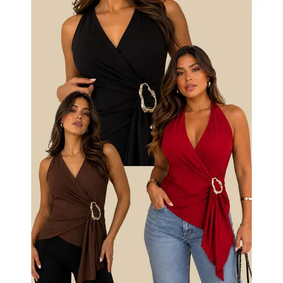 Blusa Feminina Transpassada Frente Única com Fivela Dourada Decote V Elegante Moda Feminina