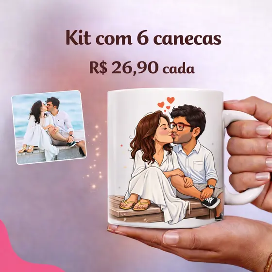Caneca com Caricatura kit 6 Personalizada - c/ Caixinha - Envio Rápido