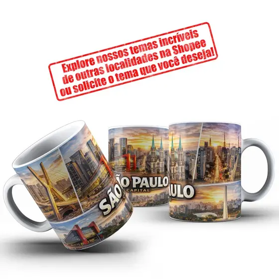 Caneca Xícara Porcelana São Paulo | Lembrancinha - Maresia - Praia Grande - SP - 325 ml